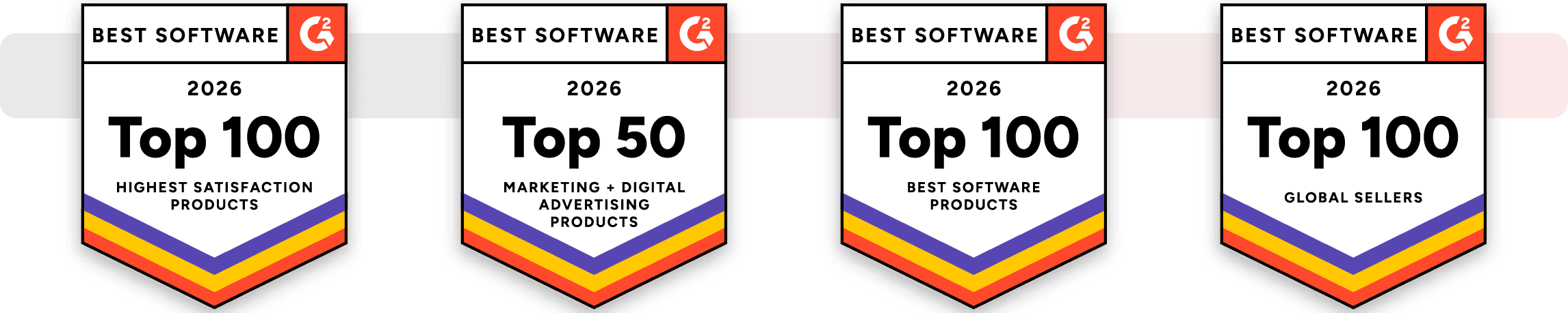 Four G2 badges showing "Best Software 2026" rankings for different categories, featuring chevron-style colorful bottom stripes