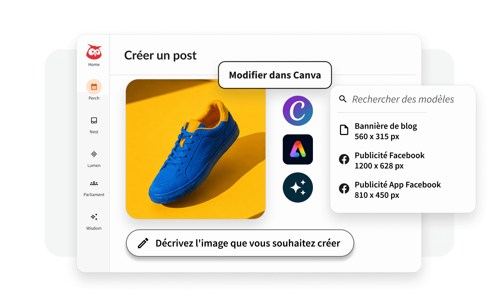 A blue sneaker on yellow background with a content creation UI showing post templates and an AI image generation prompt bar.