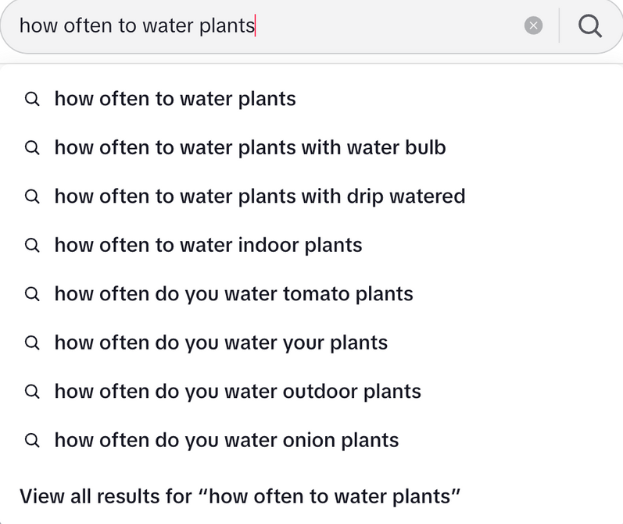 Screenshot of the TikTok search bar populated with the text "how often to water plants" with related keywords below
