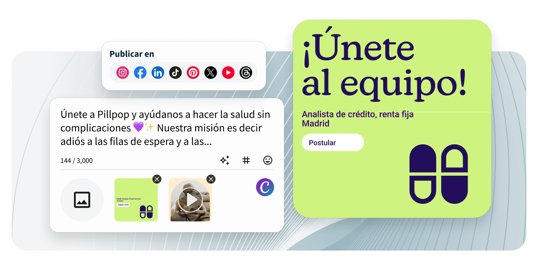 Social media publishing tool showing a post composer with platform icons and a green job ad card reading Join our team.