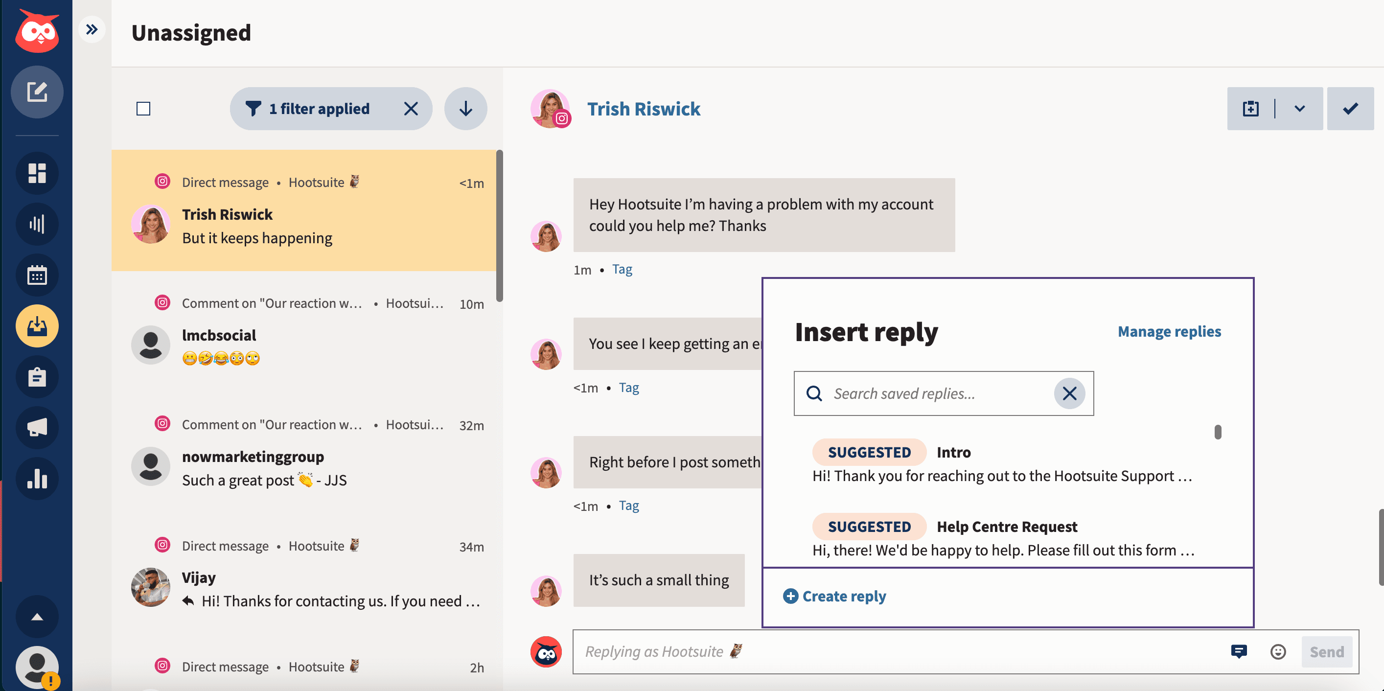 screenshot di una casella di posta hootsuite, in particolare i messaggi "non assegnati"