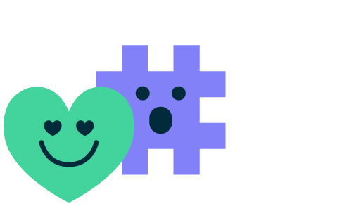 cartoon green heart with heart eyes, and purple hashtag with surprised expression