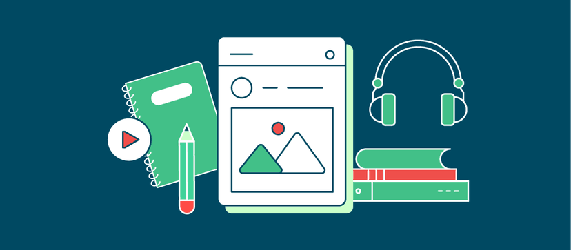 Ícones de notebook, livros, lápis e fones de ouvido