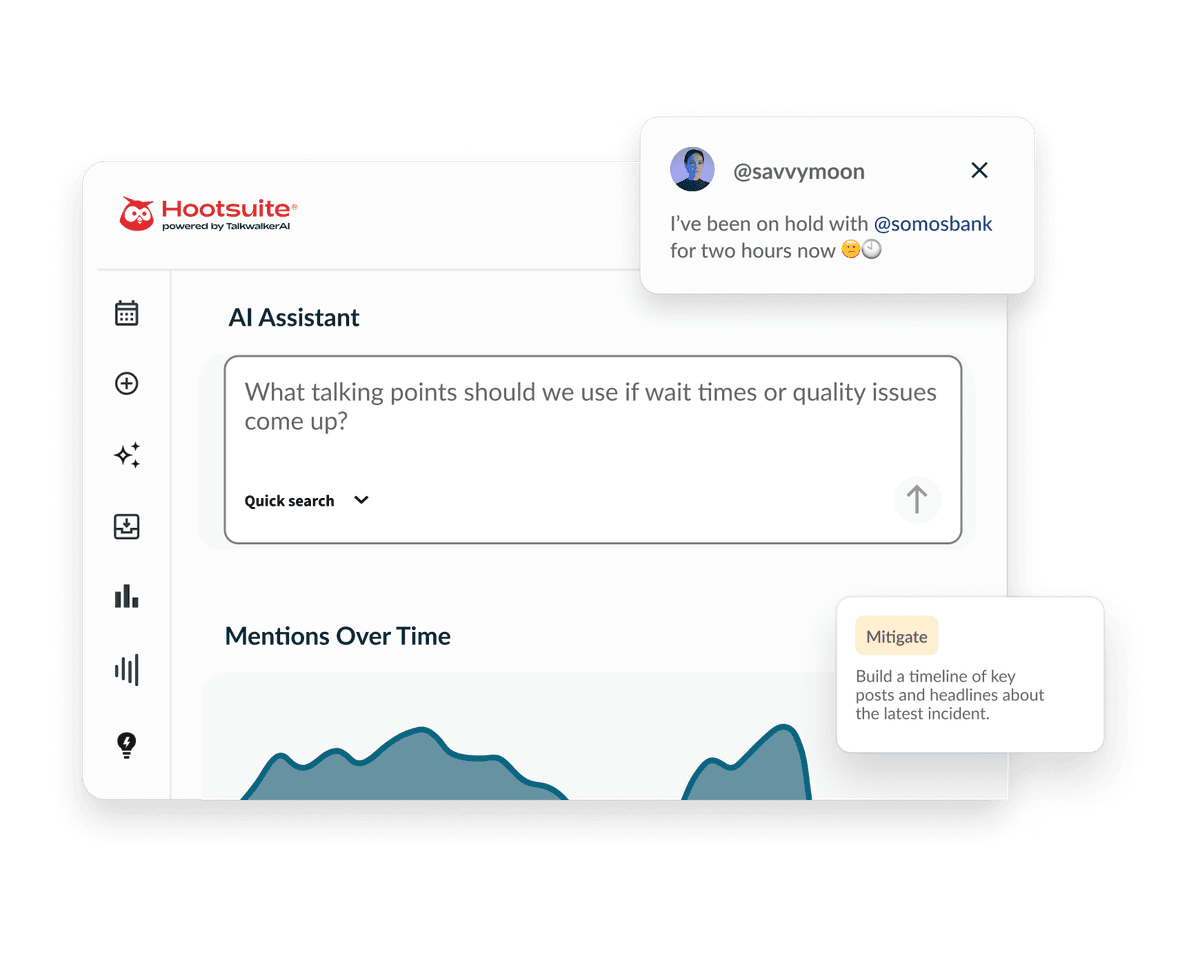 Hootsuite dashboard showing an AI query about talking points, with social media posts and a Mitigate suggestion card.