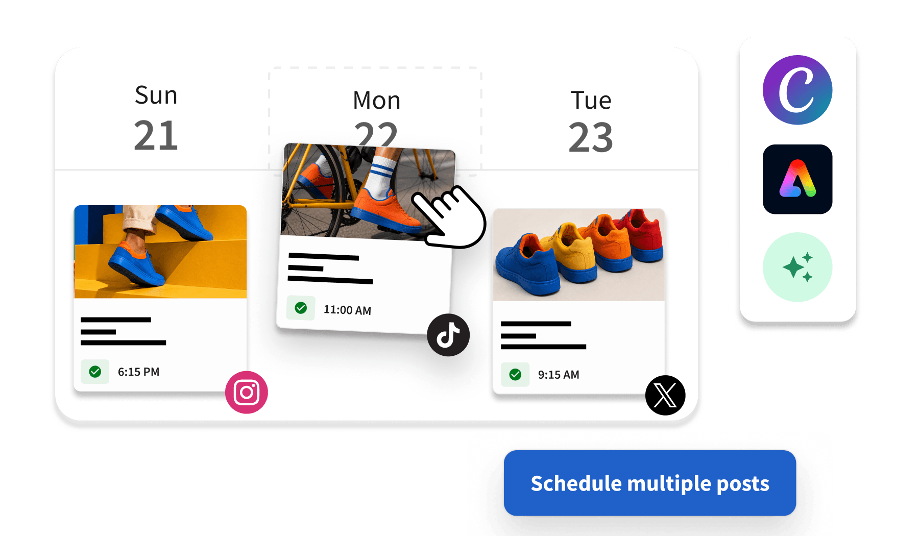 Social media scheduling dashboard showing sneaker posts planned for Sun-Tue, with 10 posts scheduled and 3 campaigns approved.