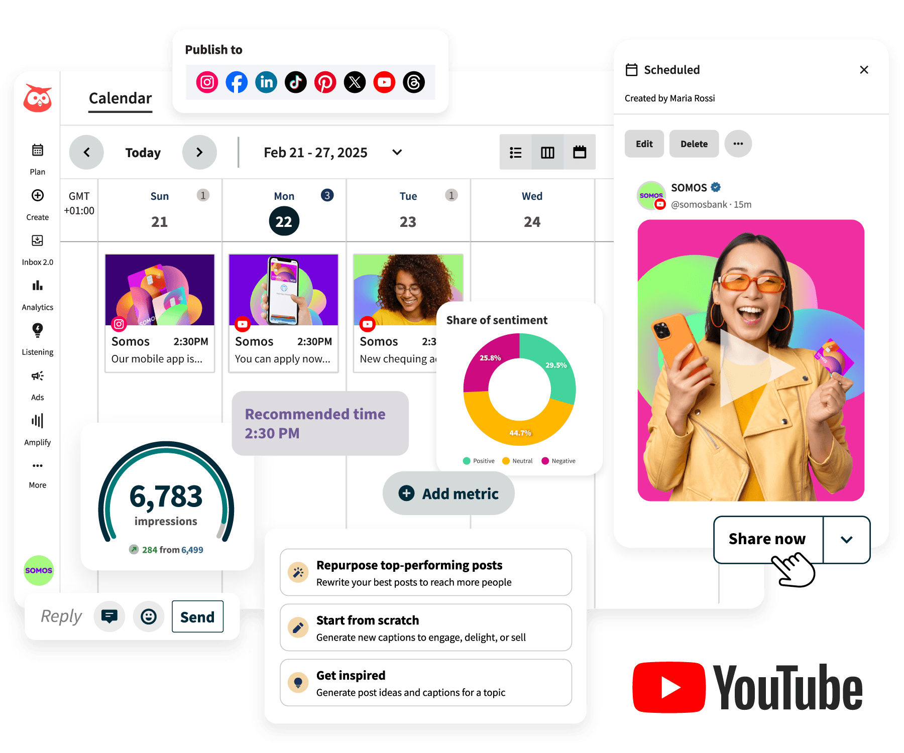 Hoot Suite dashboard showing YouTube publishing, analytics, and social listening features