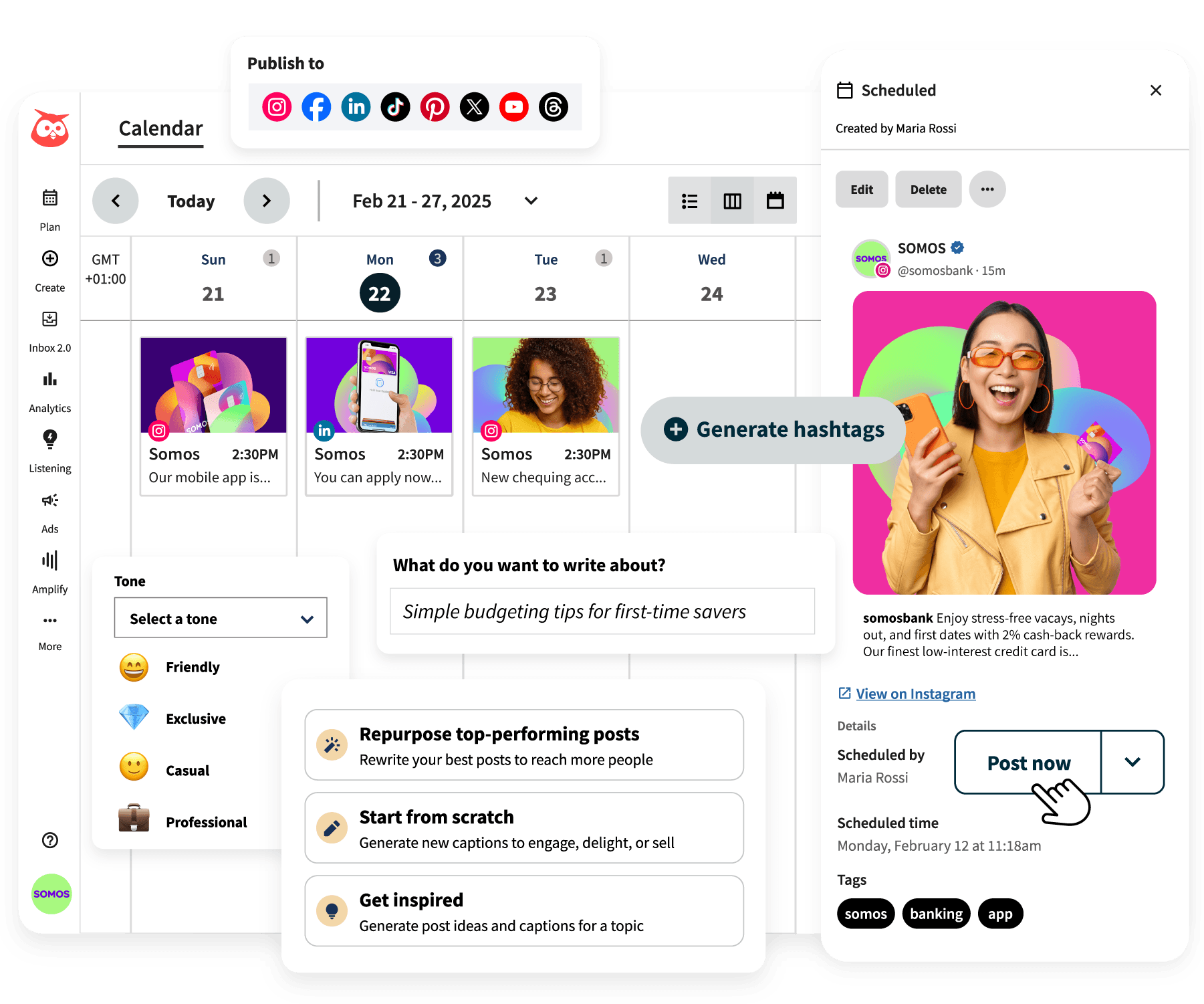 Social media content calendar interface showing scheduled posts for Somos bank, with publishing options and content generation tools