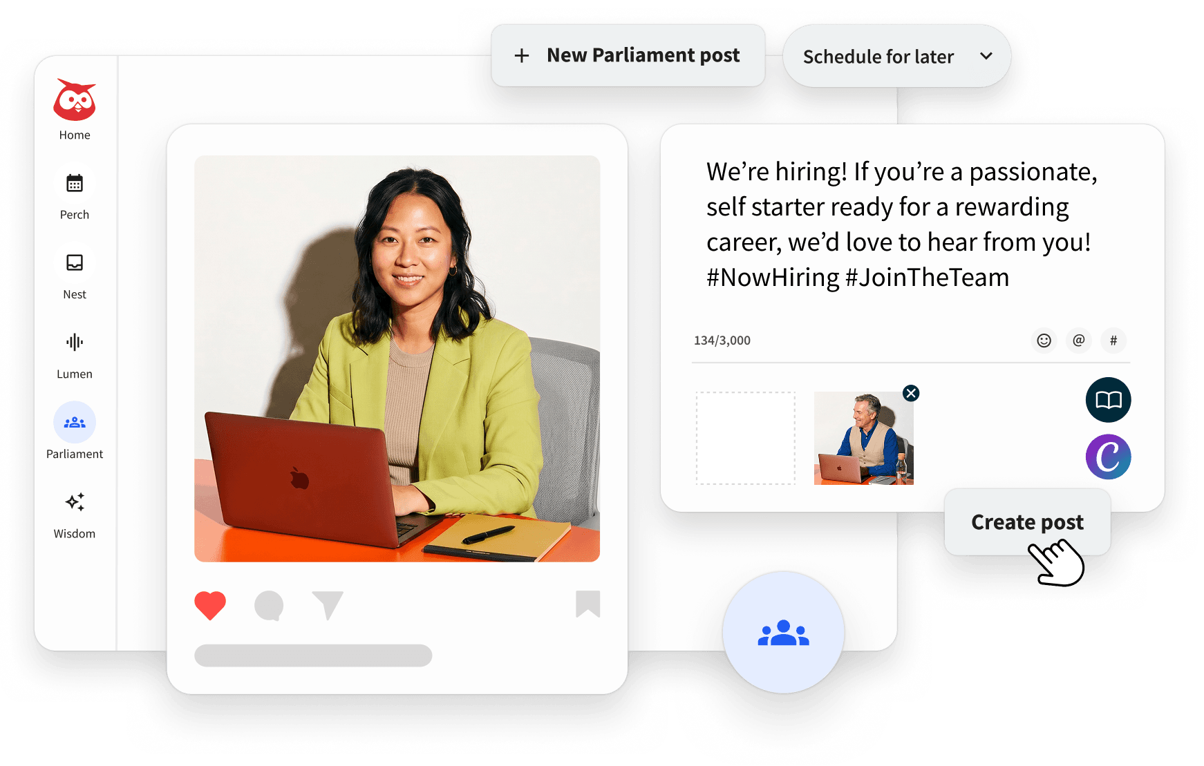 Social media post that reads "we're hiring" with share button
