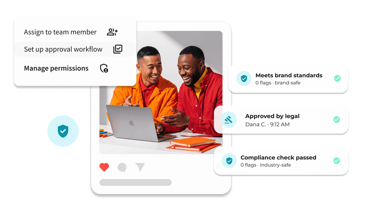 Two men smiling at a laptop, surrounded by Proofpoint UI elements showing workflow, approvals, and compliance check status.