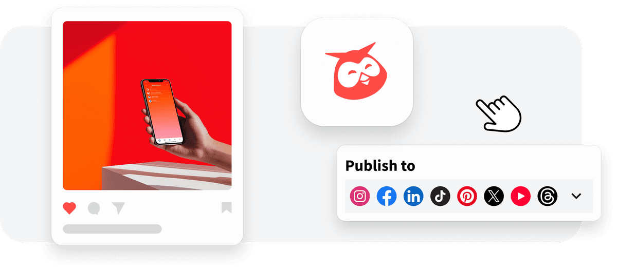 Hand holding smartphone with social media publishing interface against red background, showing multiple platform icons below