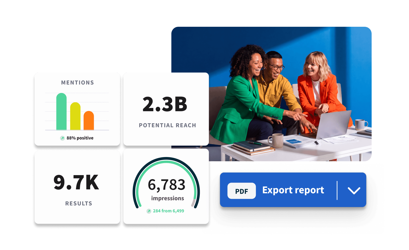 Woman holding phone with Hootsuite analytics and export button