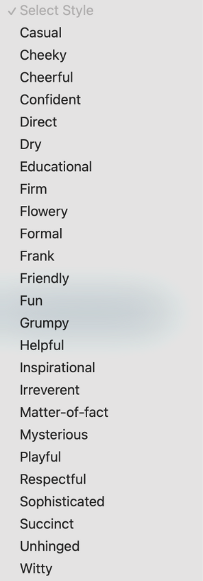 A dropdown menu of all the available tones and styles for brand voice selection