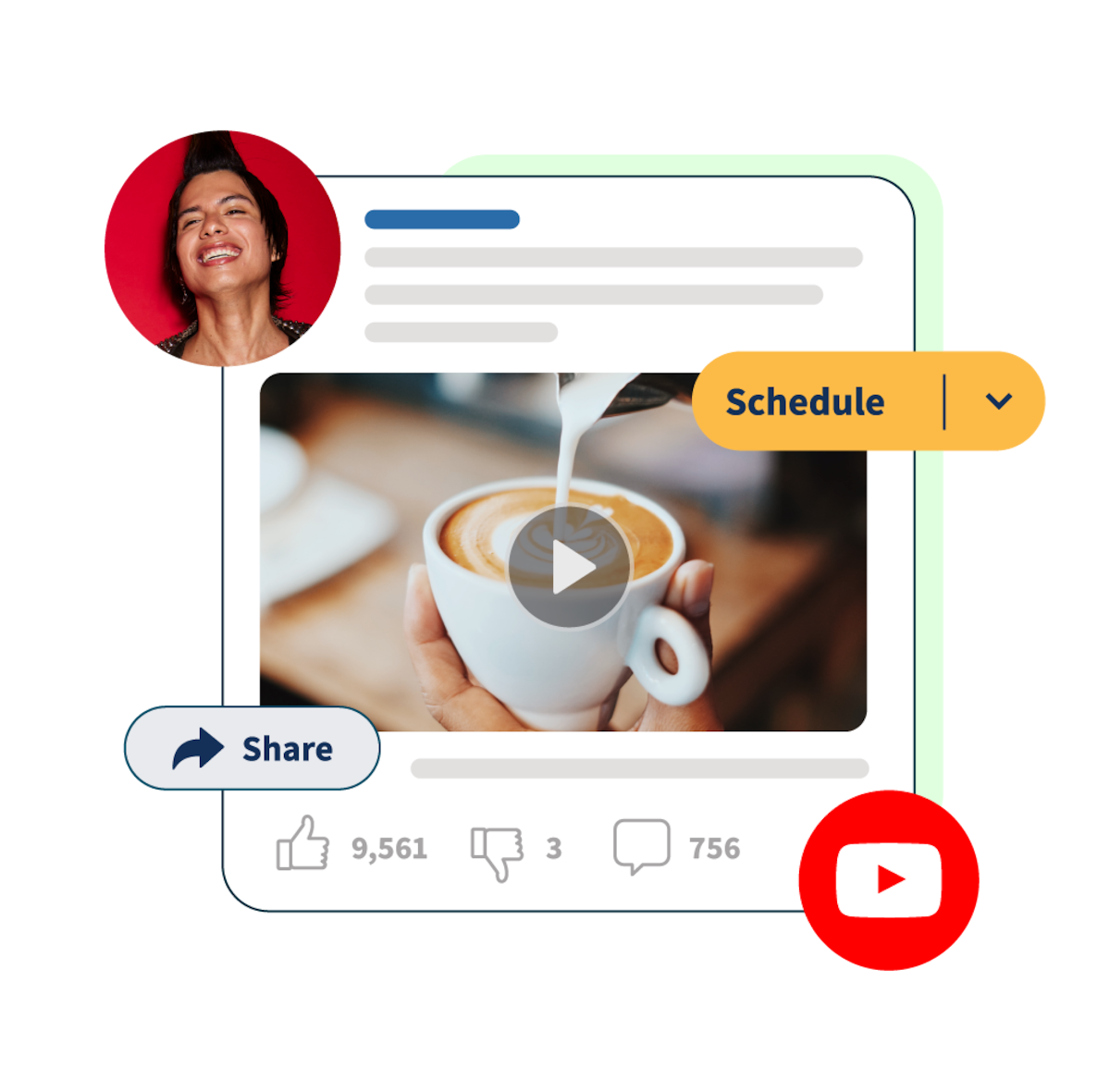 Youtube post of coffee pouring with "schedule" and "share pop-ups