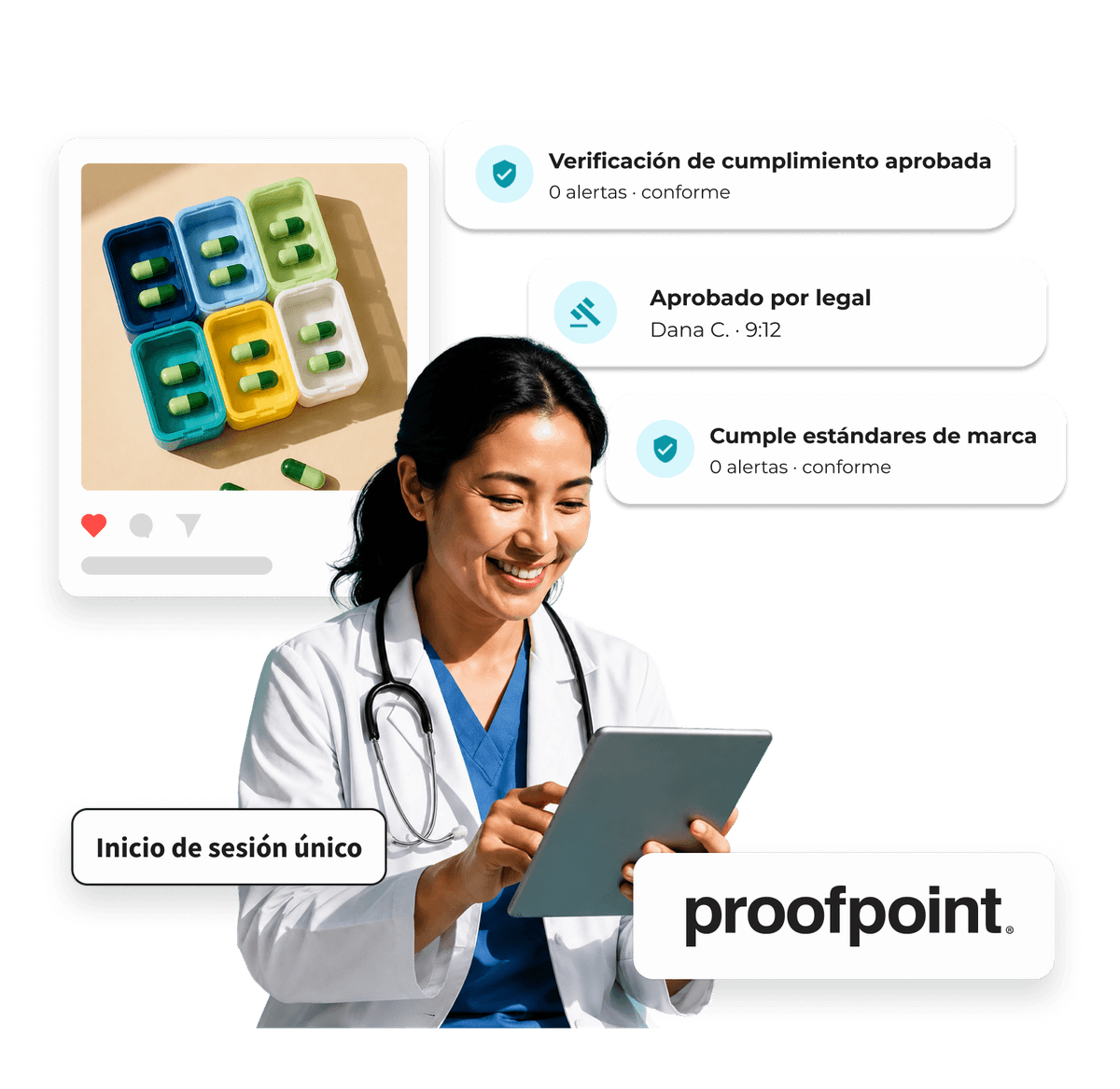 A smiling doctor holds a tablet, surrounded by compliance check notifications and the Proofpoint logo, indicating content approval.