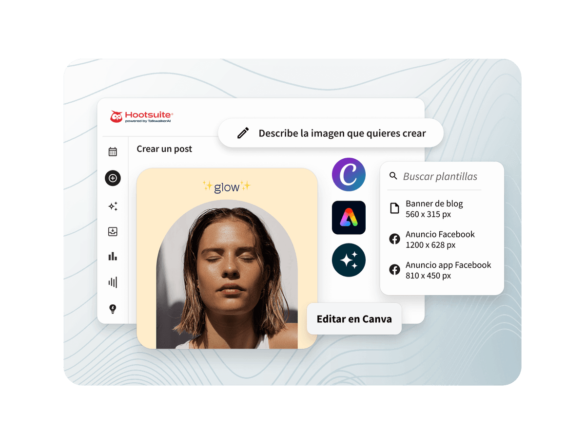 Hootsuite dashboard showing a post creation interface with a woman's photo, Canva editing option, and social media ad templates.