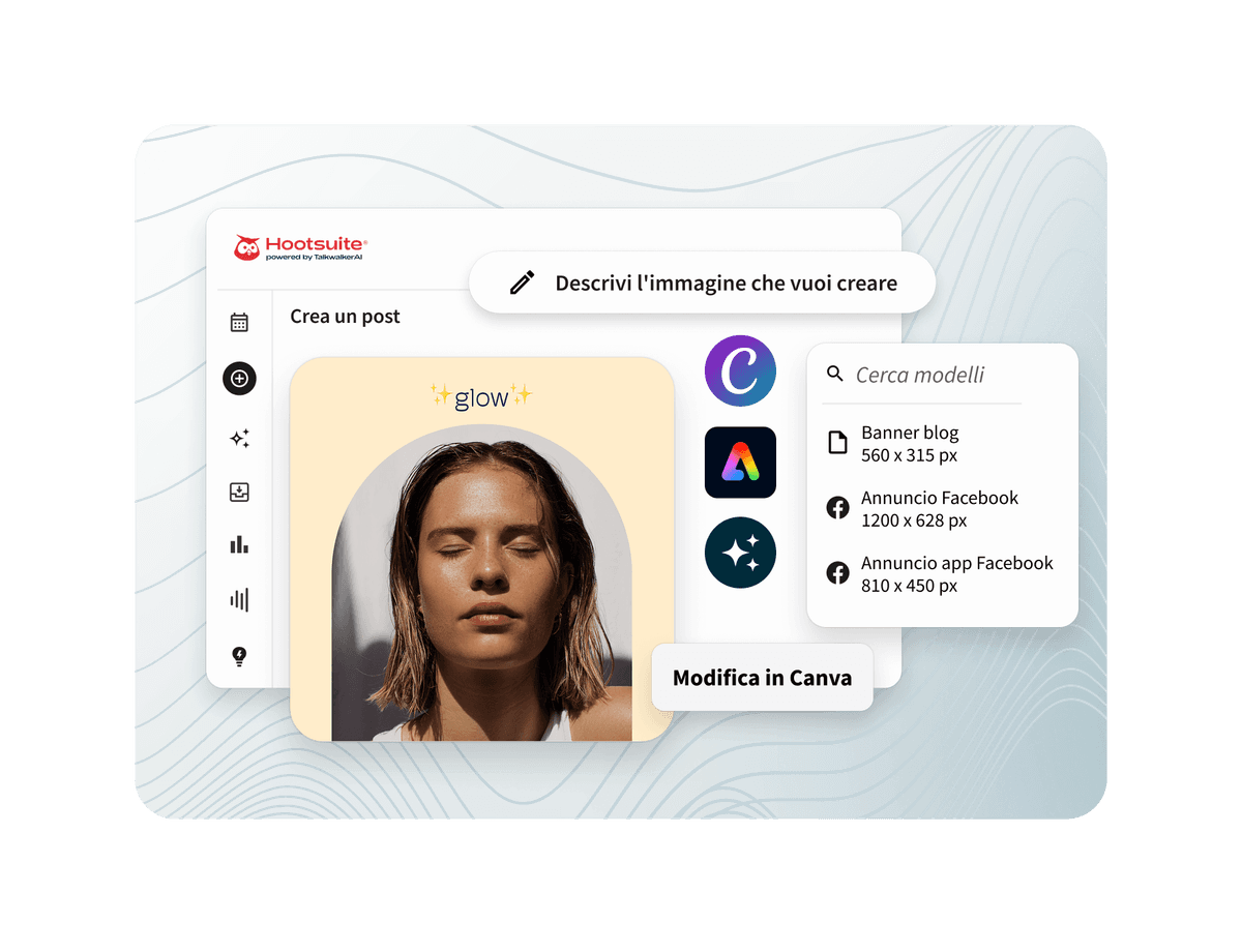 Hootsuite dashboard showing a post creation interface with a woman's photo, Canva editing option, and social media ad templates.