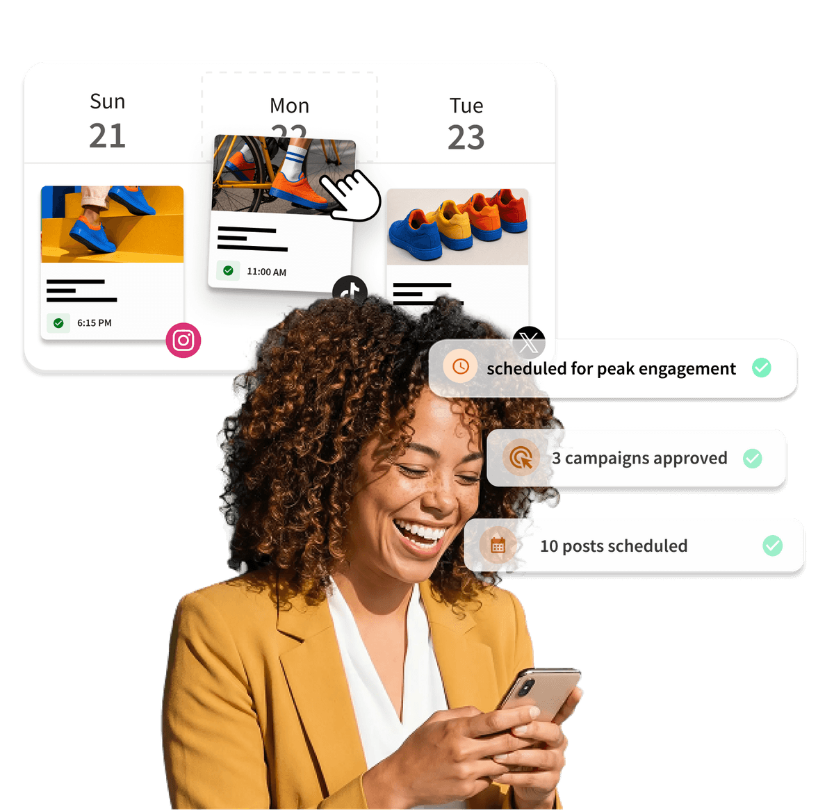 A smiling woman holds a phone while social media scheduling notifications and a content calendar with shoe images appear around her.