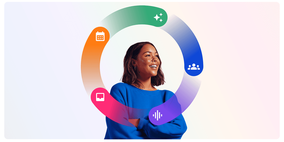 Smiling woman in a blue sweater surrounded by a colorful circular graphic with icons for calendar, team, audio, and display.