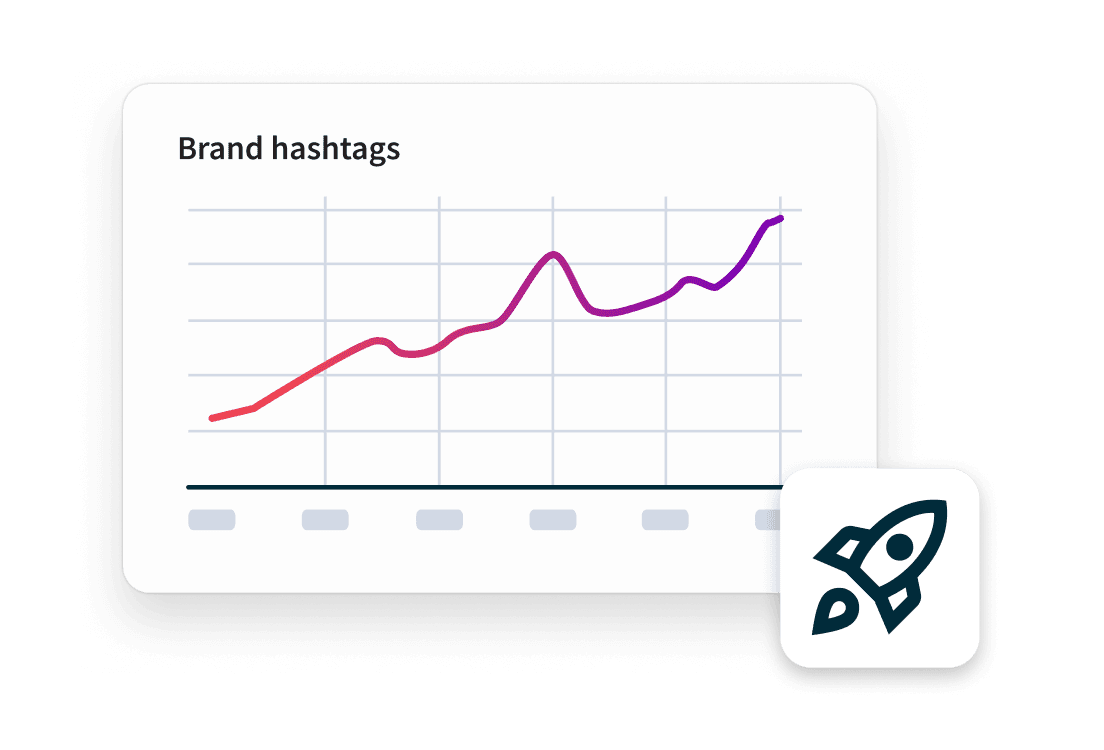 A brand hashtags line chart showing an upward trend in red to purple, with a rocket ship icon in the corner.