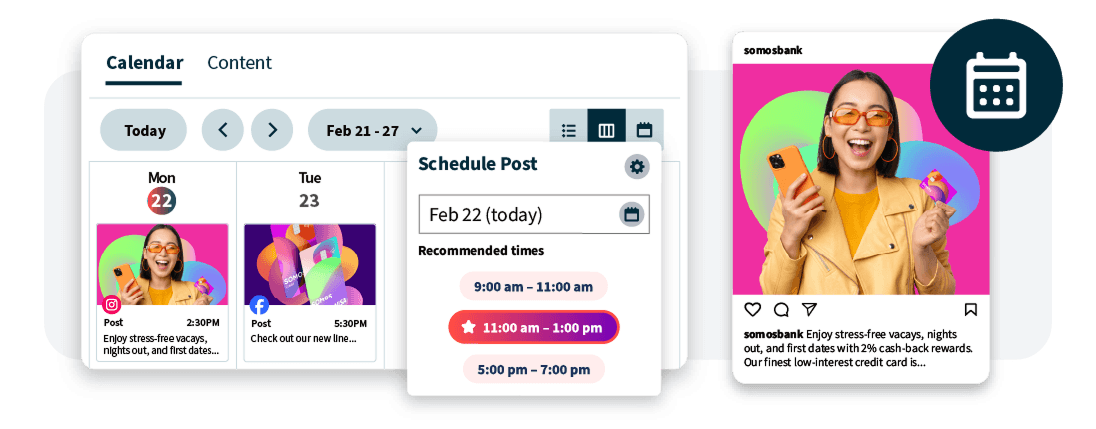 Social media content calendar interface showing scheduled posts with a bright pink and green background and scheduling options