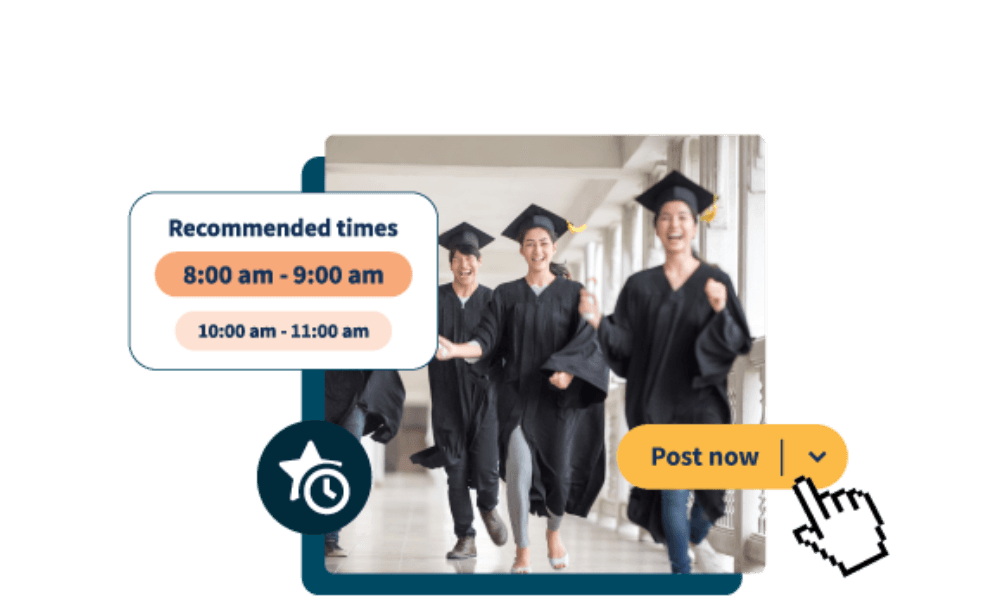 Produto da Hootsuite fotografado com estudantes ao fundo em seus trajes de formatura