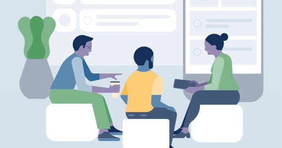 A graphic of three people sitting in a room talking