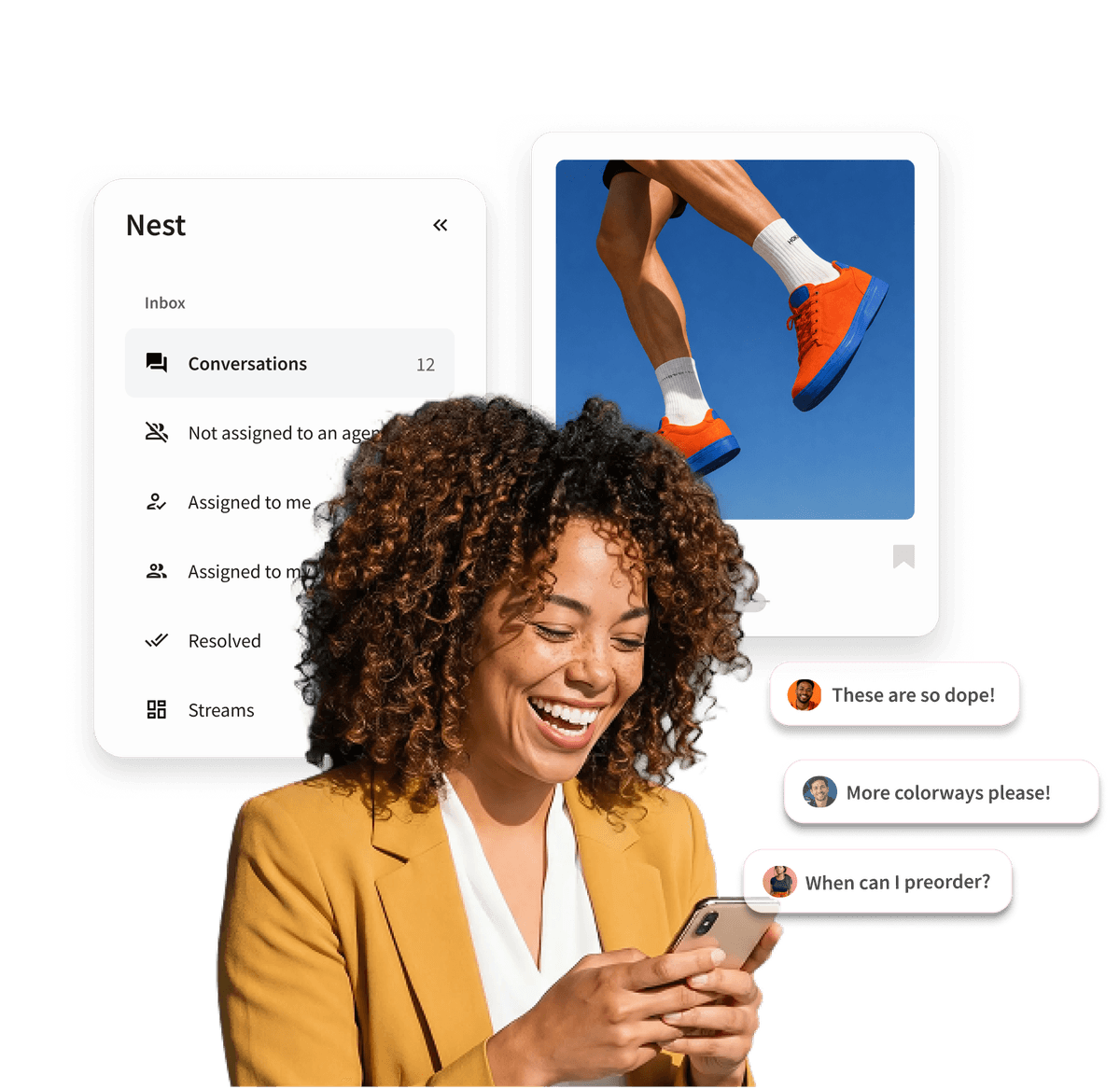 A smiling woman holds a phone, surrounded by UI elements showing a inbox, chat messages, and a sneaker product image.