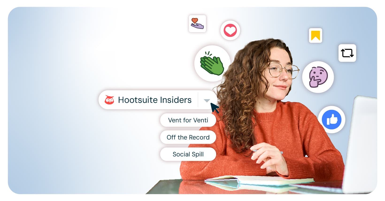 Hootsuite Insiders interface showing social media features with reaction emojis and menu options floating around workspace setup