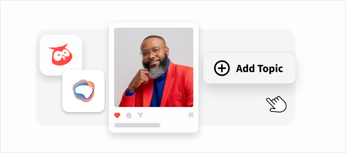 Professional wearing red blazer and glasses with a salt-and-pepper beard, shown against light gray background with app interface elements