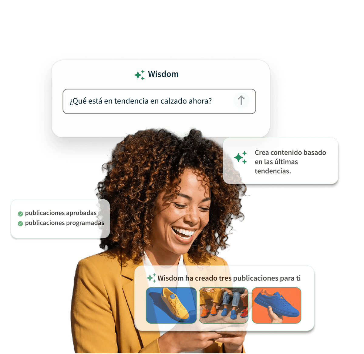 Woman smiling at phone with social media scheduling dashboard showing scheduled posts, 3 approved campaigns, and 10 posts scheduled.