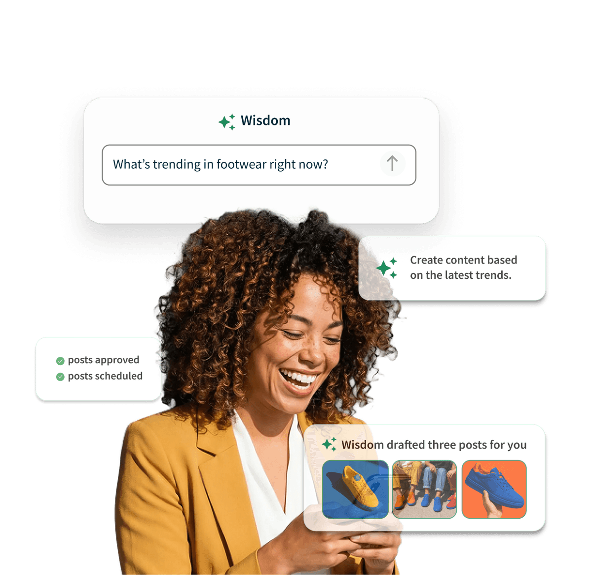 A smiling woman in a yellow blazer uses a phone, surrounded by AI tool UI elements showing drafted footwear social media posts.