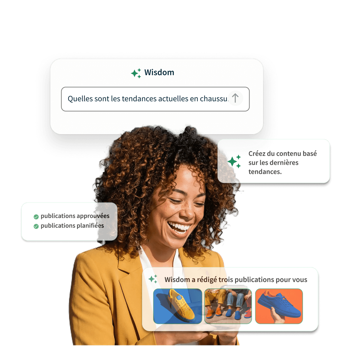 A smiling woman in a yellow blazer uses a phone, surrounded by AI tool UI elements showing drafted footwear social media posts.