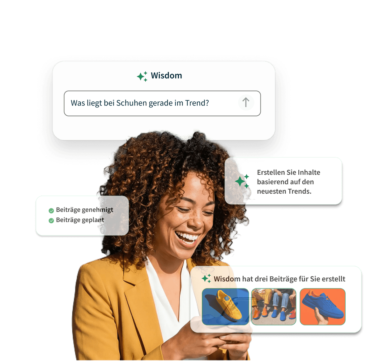A smiling woman in a yellow blazer uses a phone, surrounded by AI tool UI elements showing drafted footwear social media posts.