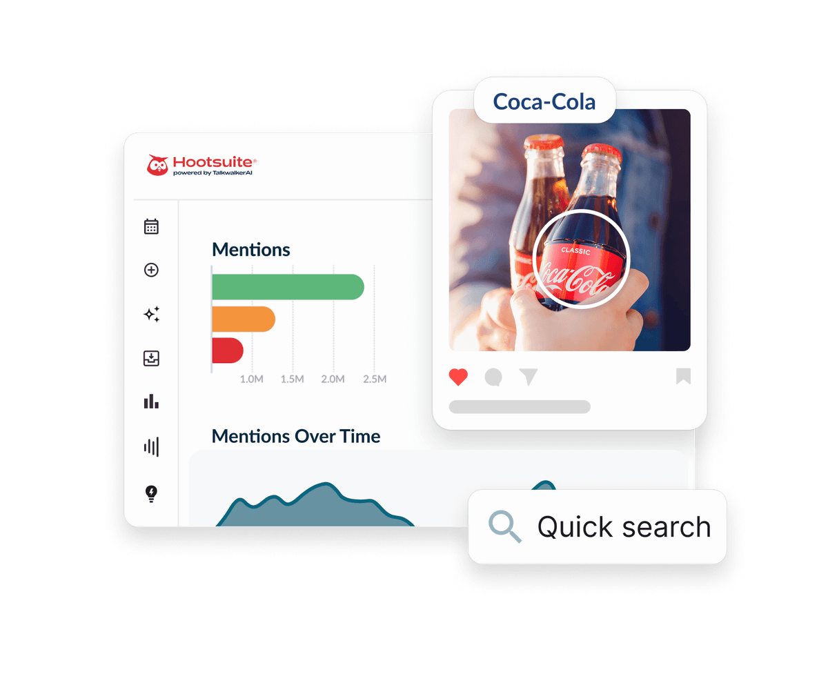 Hootsuite dashboard showing brand mention analytics alongside a Coca-Cola social post with two glass bottles and a quick search bar.