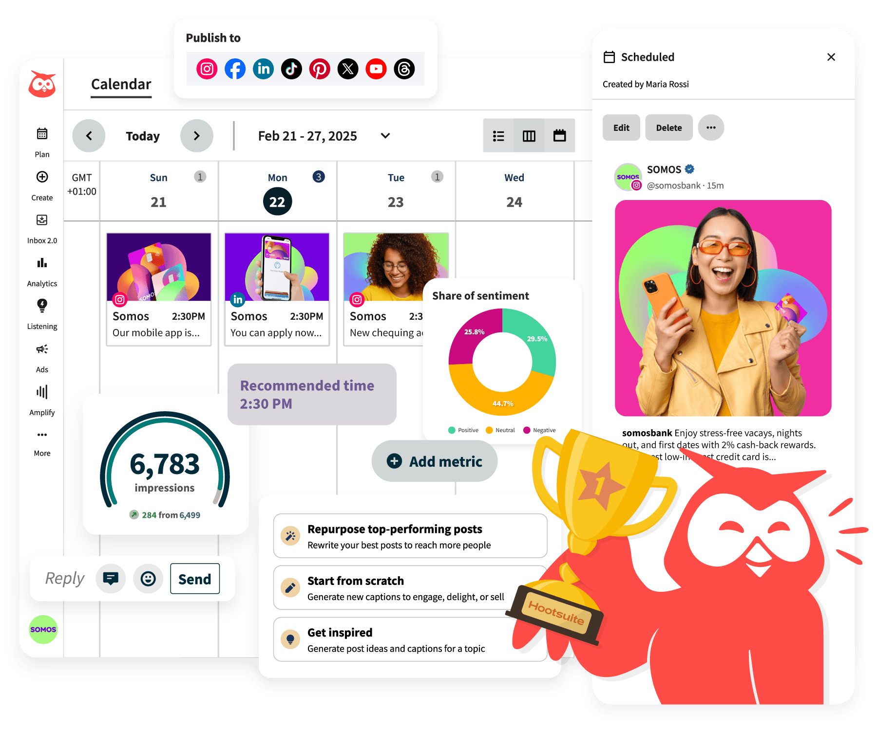 Social media calendar interface showing scheduled posts, analytics, and content planning tools with Hootsuite's owl mascot in the corner