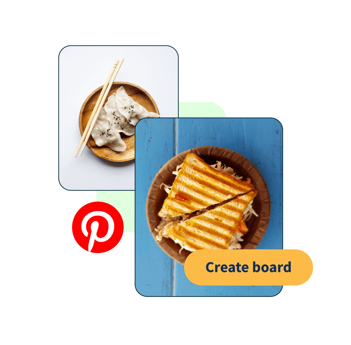 foto di un panino e ravioli, con un pulsante popup che dice &quot;crea board&quot;