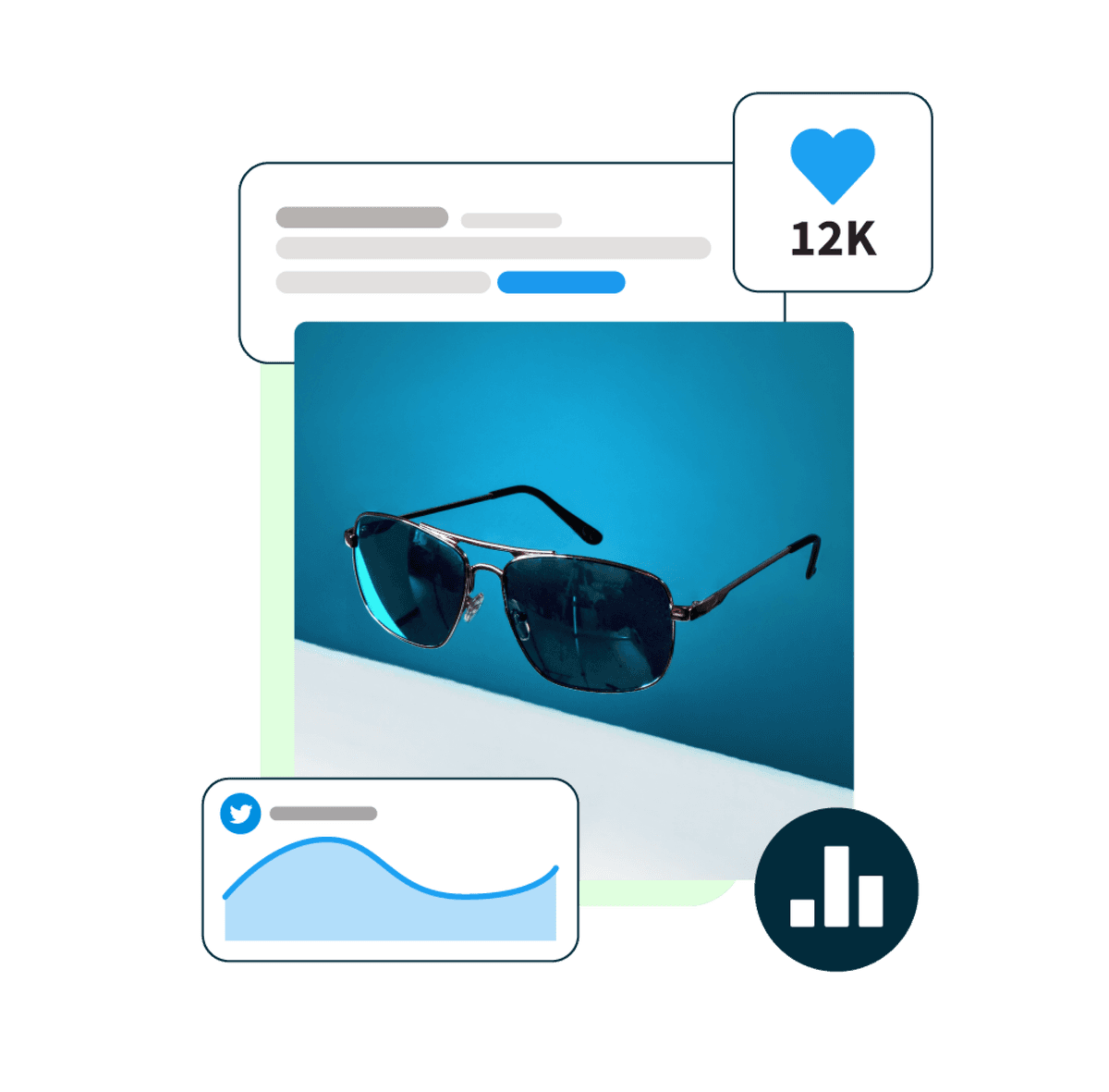 image de lunettes de soleil flottant sur un fond bleu, entourée de fenêtres pop-up de statistiques sur les médias sociaux