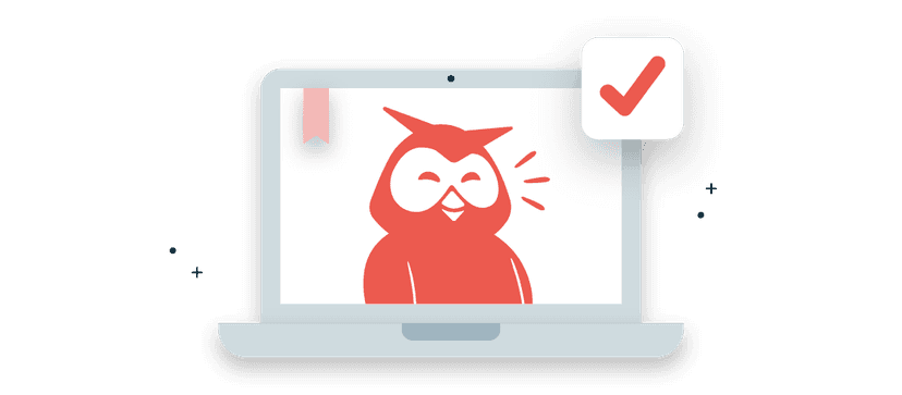 Cartoon laptop screen showing a smiling coral-colored owl mascot with decorative plus signs and checkmark floating nearby