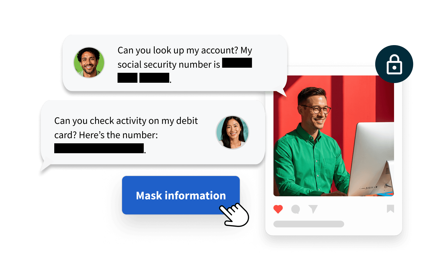 Hootsuite inbox with PII handling, message masking, and security features