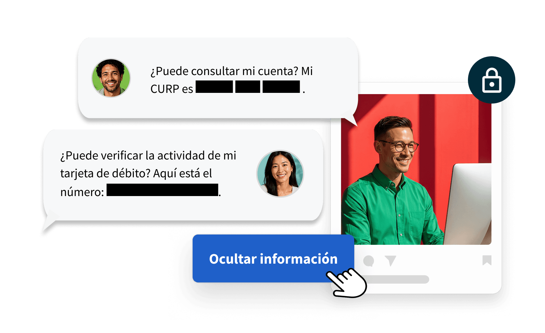 Bandeja de entrada de Hootsuite con gestión de PII, enmascaramiento automático de mensajes e icono de candado