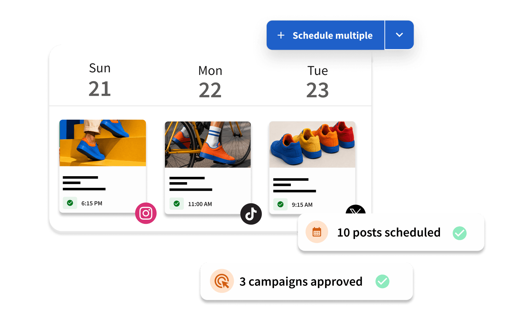 Social media scheduling dashboard showing sneaker posts planned for Sun-Tue, with 10 posts scheduled and 3 campaigns approved.