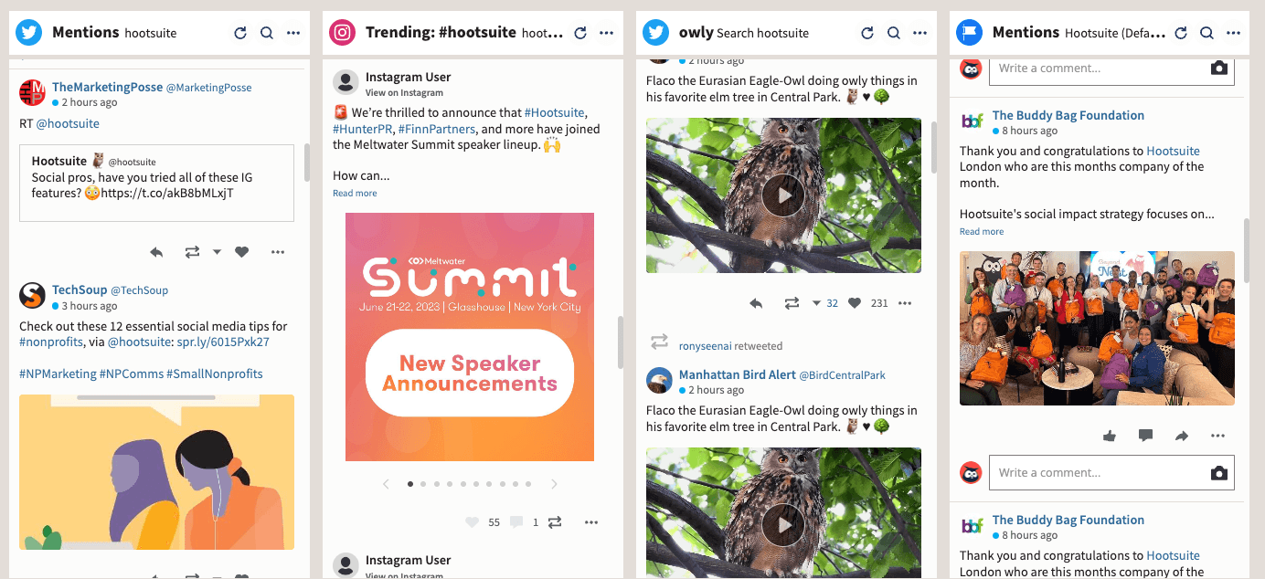 screenshot di una dashboard Hootsuite con tutte le menzioni del marchio da diverse piattaforme di social media