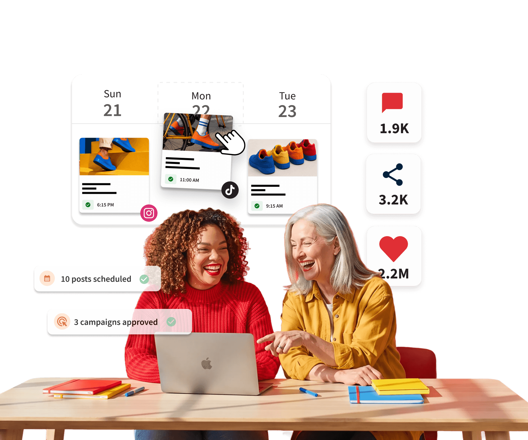 A woman smiles at her phone beside Hootsuite dashboard screens showing a sneaker post, sentiment analytics chart, and AI prompts.
