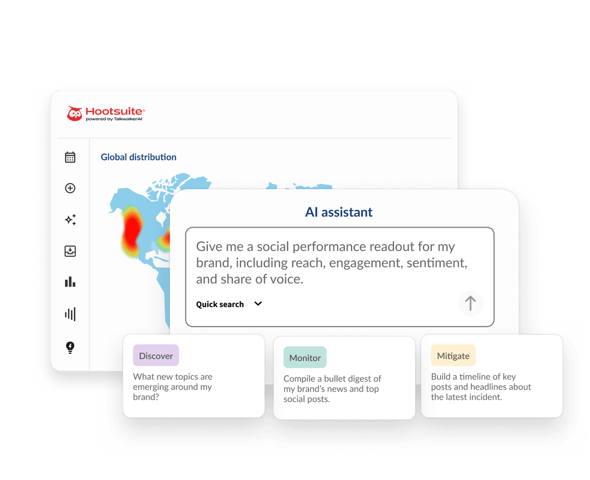 Hootsuite AI assistant dashboard showing a global distribution map and prompt cards for Discover, Monitor, and Mitigate actions.