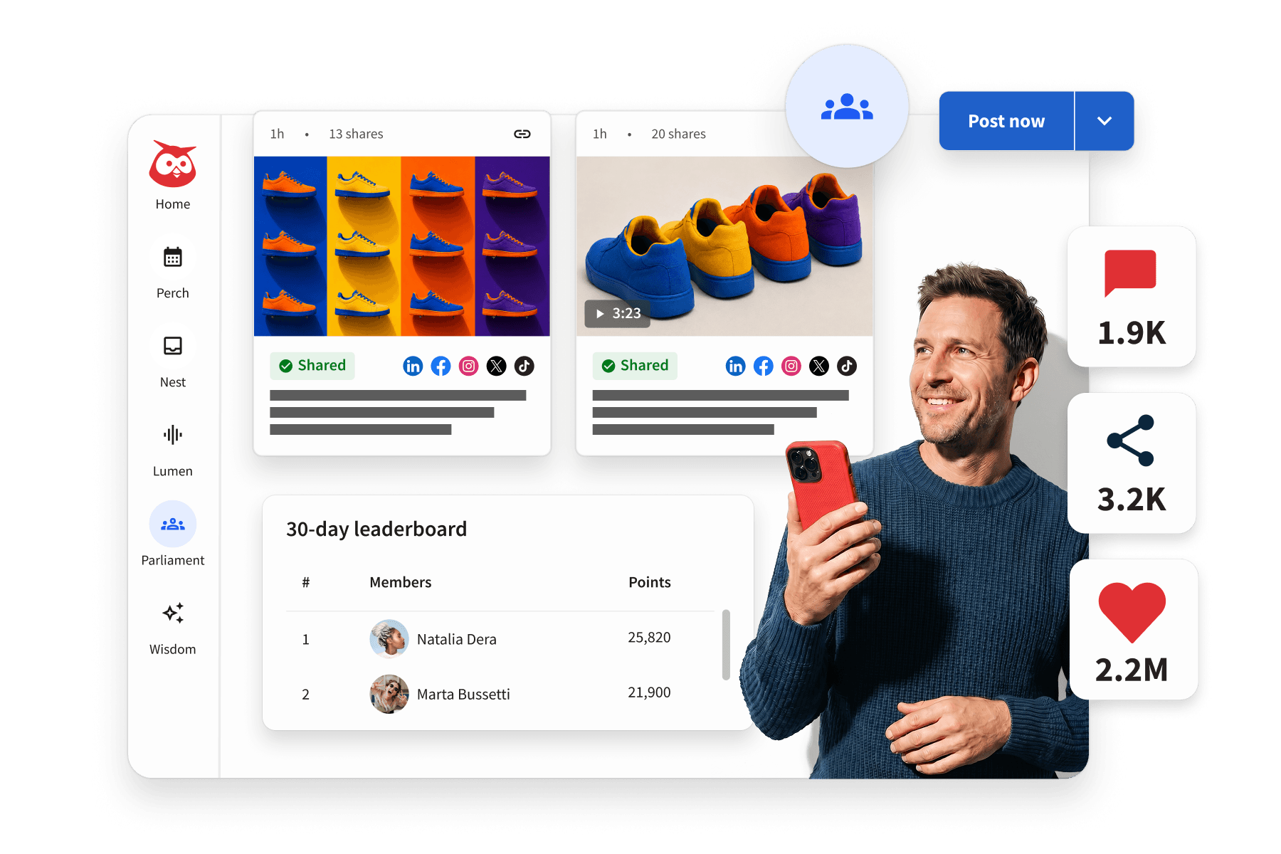 Man looking at phone giving thumbs up with Amplify dashboard