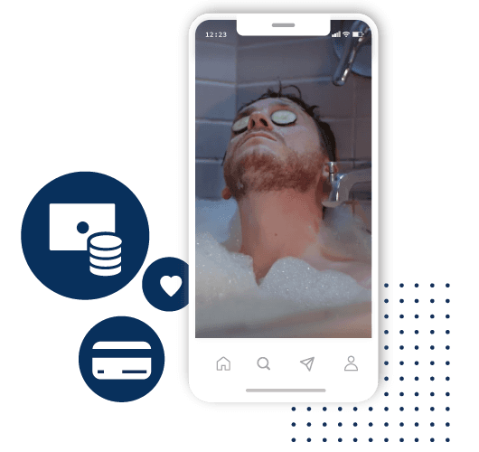 An iphone showing a photo of a man taking a bath and relaxing