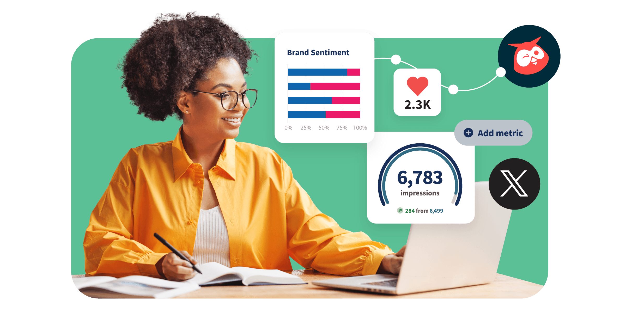 Woman on laptop with Hootsuite analytics features
