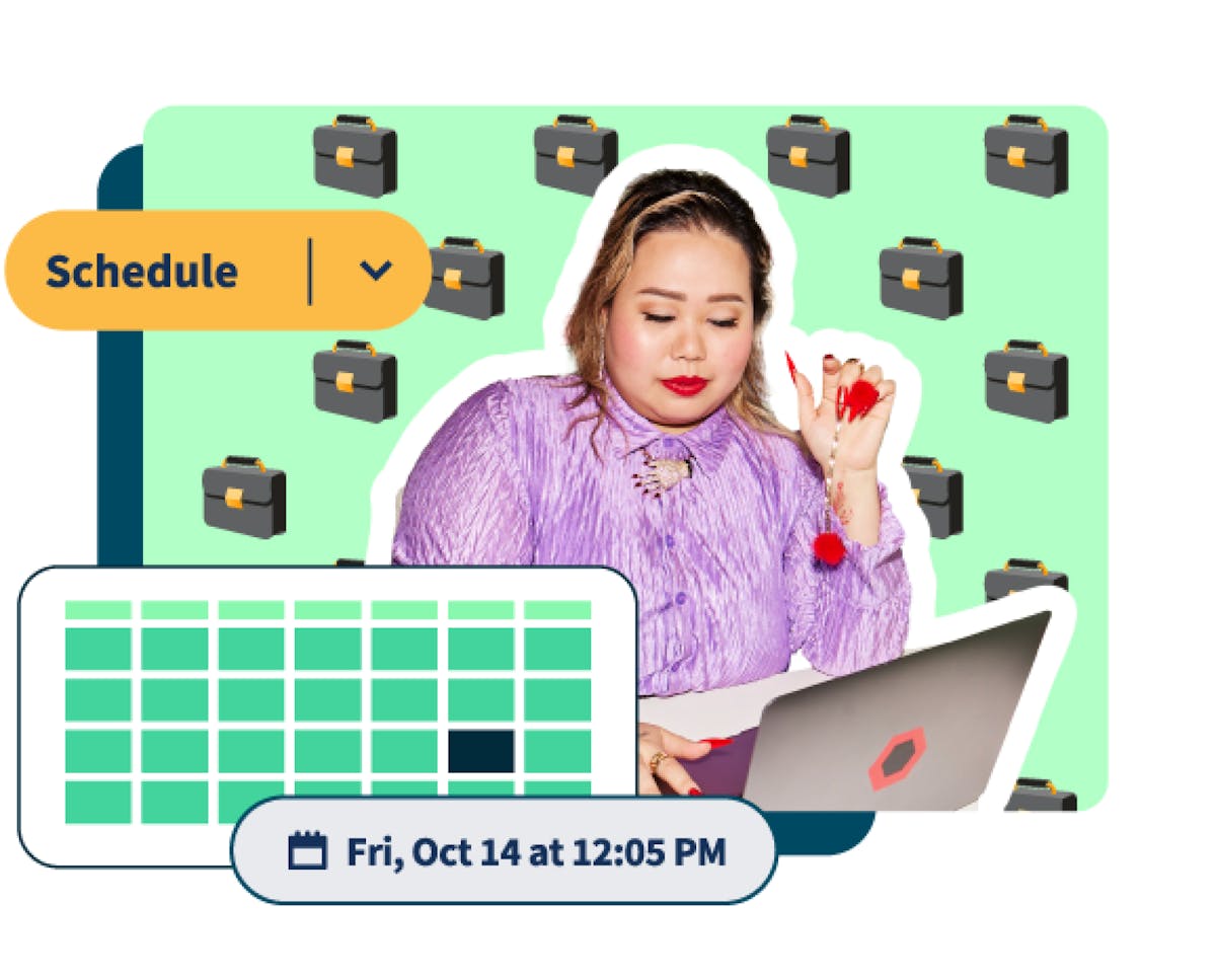 Foto de uma mulher em seu laptop com gráficos de calendário