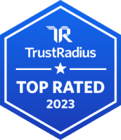 TrustRadius-Badge, der Hootsuite im Jahr 2023 als „Top Rated“ bewertet