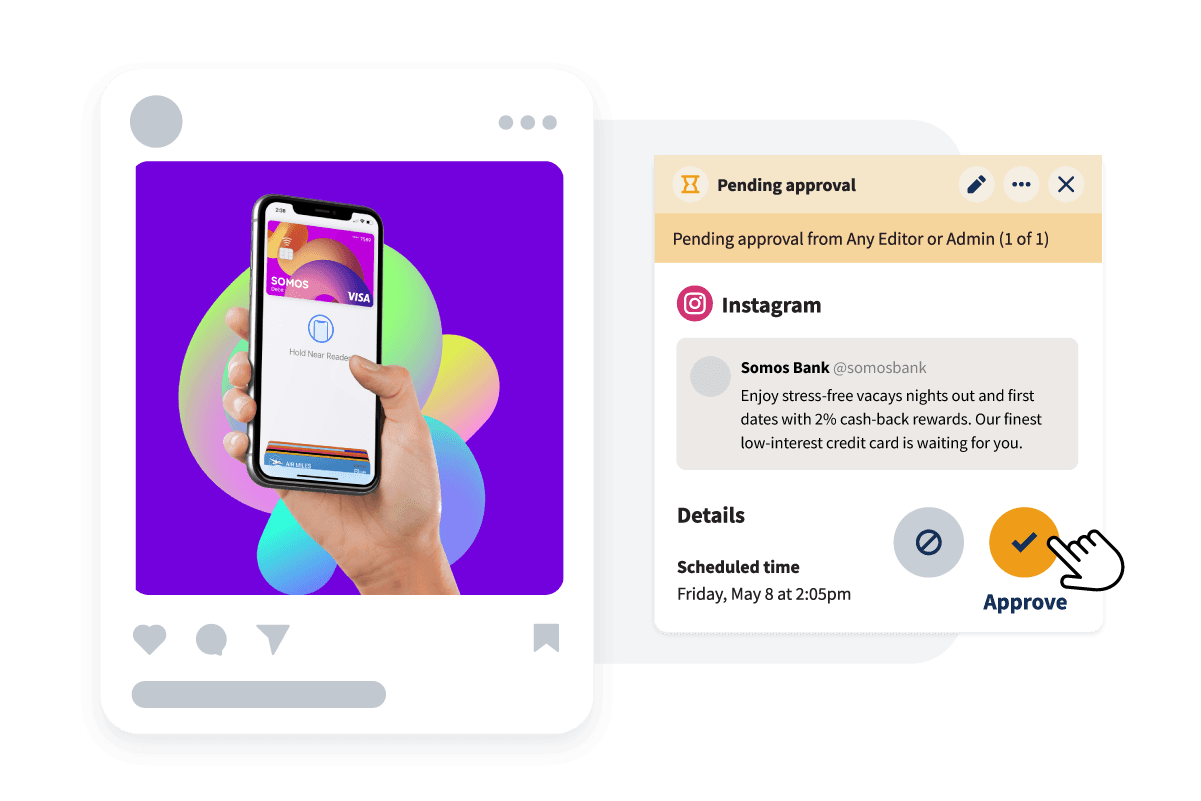 Hand holding smartphone displaying Somos Bank credit card interface against purple background with colorful gradient bubbles